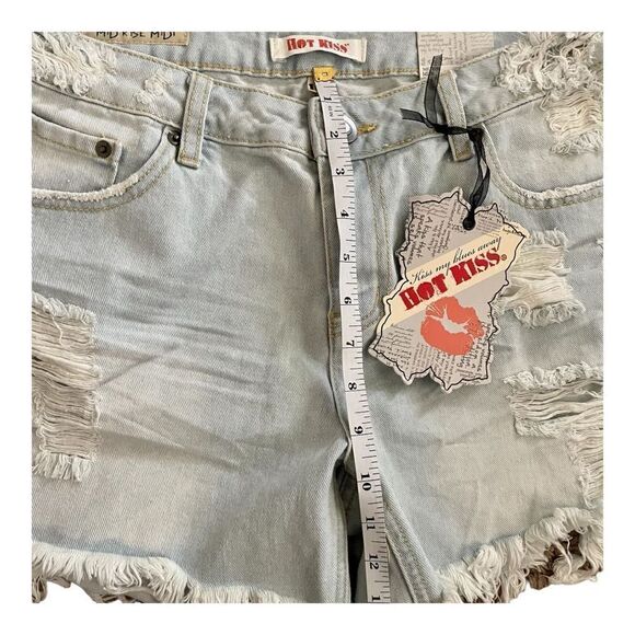 Hot Kiss Mid Rise Midi Ripped Distressed Stone Washed Denim Shorts SZ 10 BNWT - Picture 7 of 10